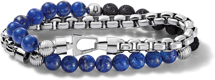 Bulova Mens Classic Double-Wrap Lapis, Black Lava and Stainless Steel Bead and Box-Chain Bracelet (Model J96B024M)