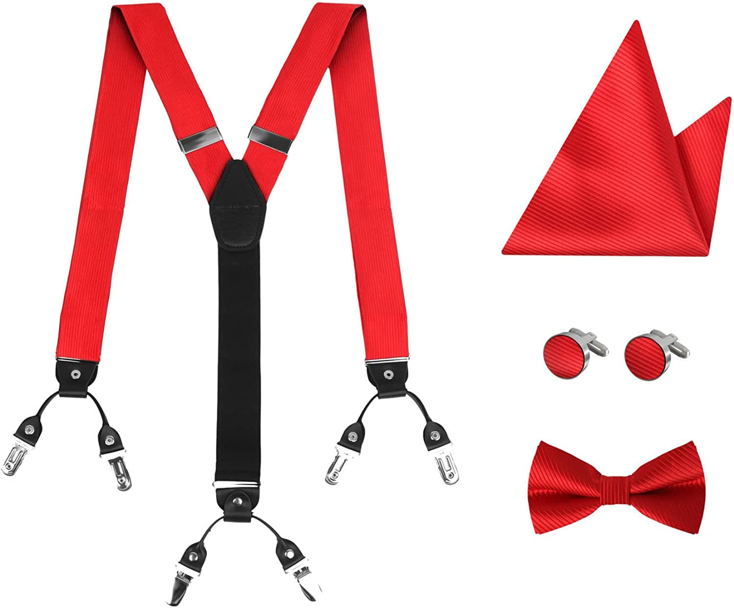 Jacquard Silk Suspenders for Men Clip-On Adjustable Elastic-Band Y-Back Suspenders Bow Ties Hanky Cufflink Set