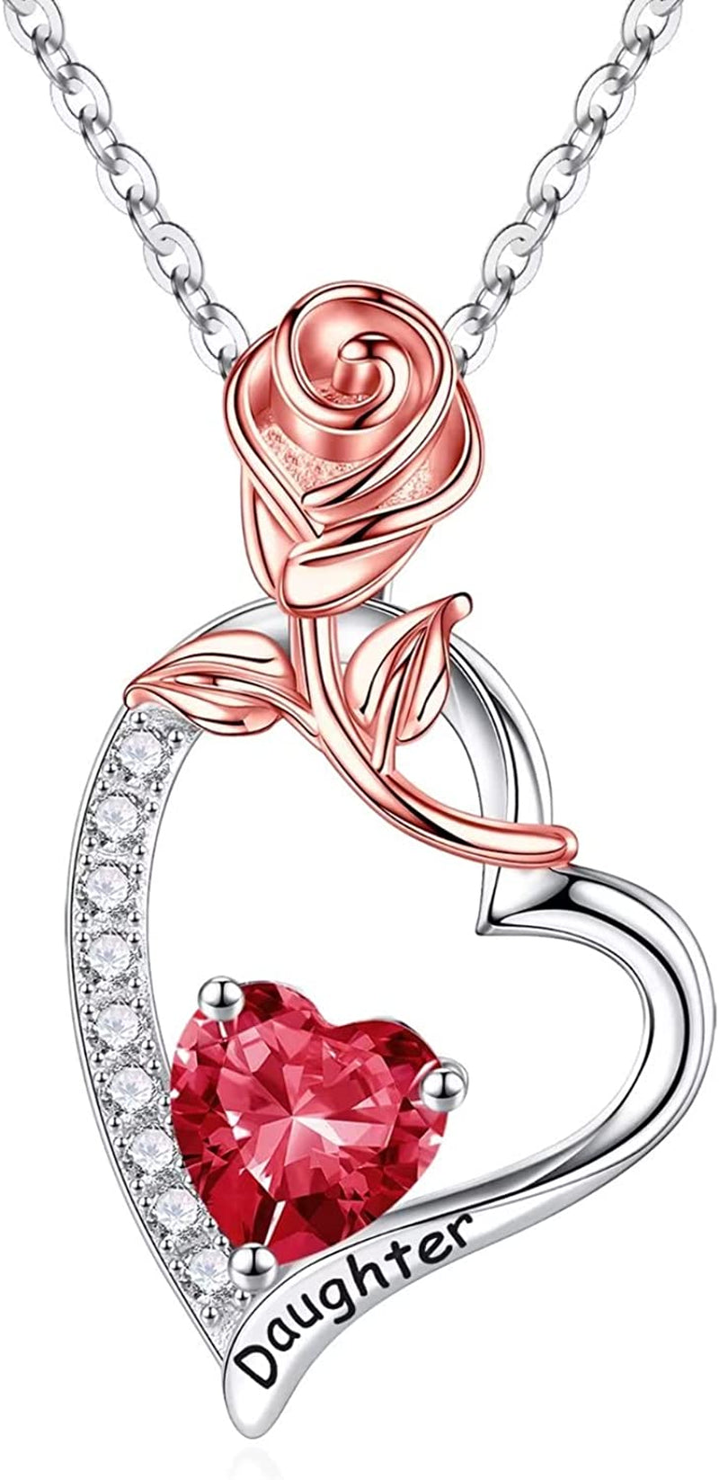 Daughter Gifts Rose Heart Birthstone Necklace, 925 Sterling Silver Natural or Created Gemstone Pendant Necklace Valentines Mothers Day Gifts for Daughter Birthday Christmas Gifts for Daughter from Mom