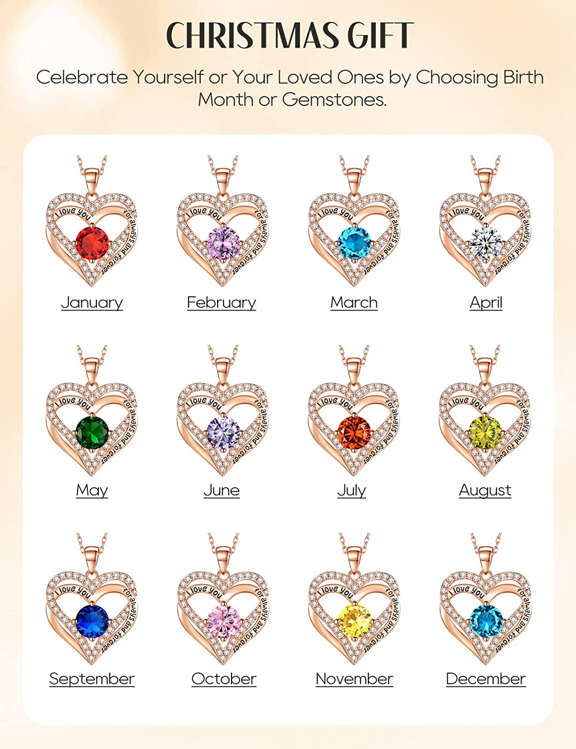 925 Sterling Silver Jewelry for Women, 18K Rose Gold Necklaces for Wife, Birthstone Diamond Heart Pendant for Christmas, Anniversary Jewelry Gift for Her, Girlfriend Necklaces Gift for Valentines Day