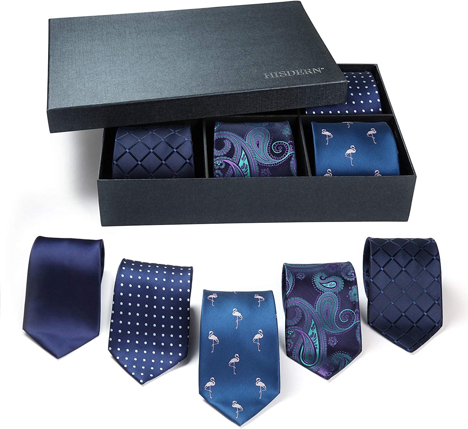 Mens Ties Set 5PCS Collection Tie and Pocket Sqaure Formal Business Neckties Gift Box Wedding Necktie for Men