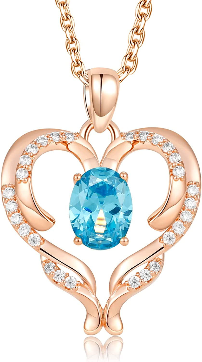 Heart Necklace for Women Silver/Rose Gold Love Heart Pendant Necklace with Cubic Zirconia Birthstone Christmas Birthday Anniversary Valentine'S Day Jewelry Gift for Women Wife Mom Girlfriend BFF