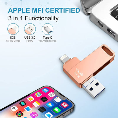 Apple Mfi Certified Photo Stick, 3 in 1 Iphone Flash Drive 512GB, Iphone Memory Stick for Photo Storage Iphone Thumb Drive External Storage Compatible for Iphone/Pc/Ipad/More Devices Pink