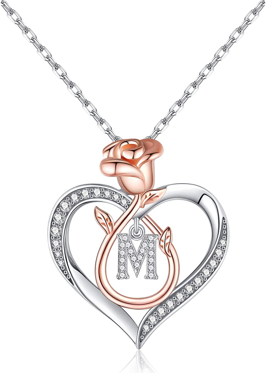 Rose Heart Necklaces Gifts for Women, CZ Heart Initial Letter Pendant Necklaces Jewelry Anniversary Valentines Day Gifts for Her Mothers Day Christmas Birthday Gifts for Women Girls