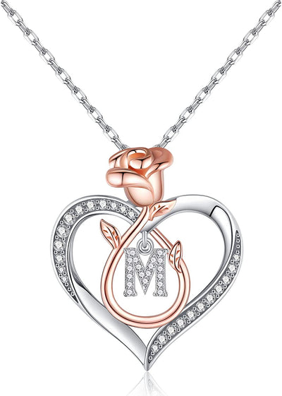 Rose Heart Necklaces Gifts for Women, CZ Heart Initial Letter Pendant Necklaces Jewelry Anniversary Valentines Day Gifts for Her Mothers Day Christmas Birthday Gifts for Women Girls