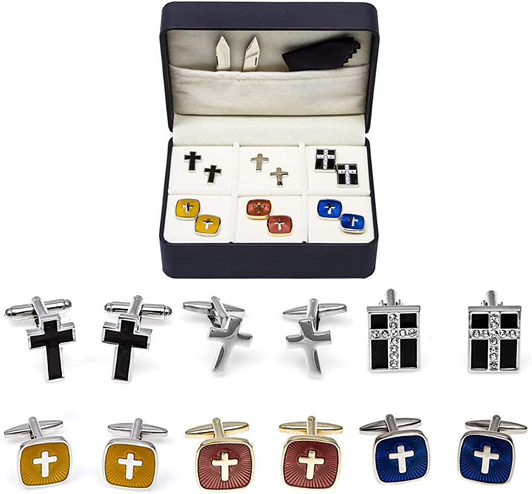 Cross Crosses Christian 6 Pairs Cufflinks with a Presentation Gift Box and Polishing Cloth