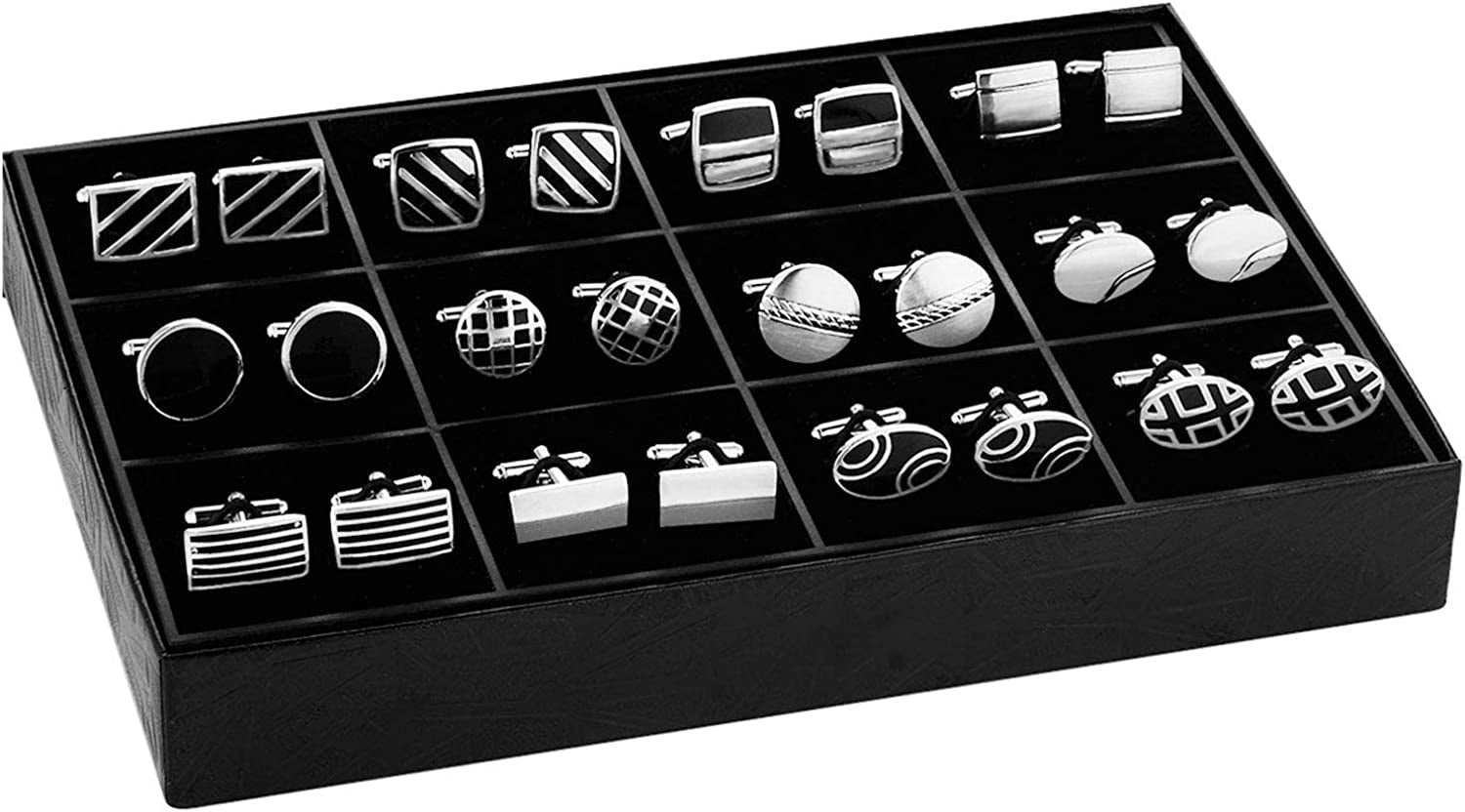 12 Pairs Cufflinks Two Tone Classy Stylish Men Black Silvertone Cuff Links Elegant Set Gift Box