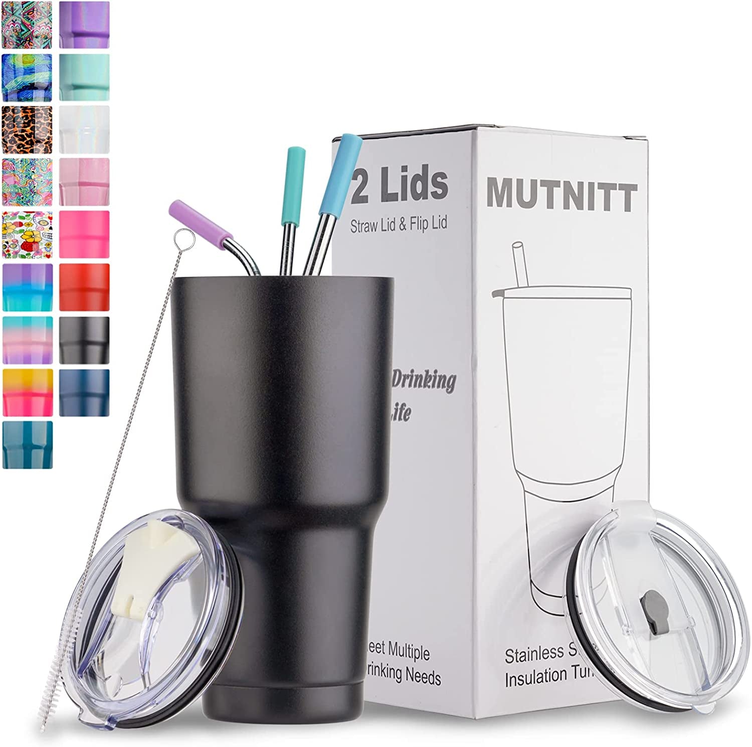 30 Oz Tumbler with Lids and Straws,18/8 Stainless Steel Vacuum Insulated Coffee Tumbler,Insulated Travel Mug Water Cup with Leak-Proof Straw Lid & Flip Lid,3 Metal Straws,1 Cleaning Brush & Gift Box