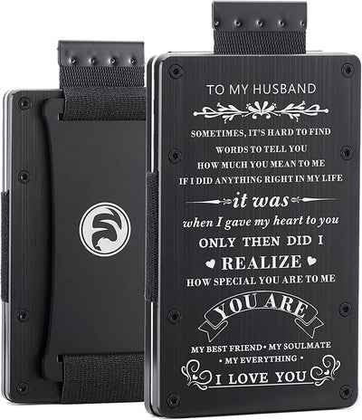 Men Minimalist Engraved Metal Cash Strap Wallet for Husband from Wife | Personalized Valentines Birthday Christmas Gift | Slim Front Pocket RFID Blocking Aluminum EDC Tactical Pull Card Holder