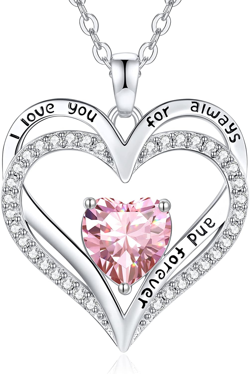 Birthstone Necklaces for Women Girls, 925 Sterling Silver Forever Love Heart Pendant Necklace with Cubic Zirconia, Christmas Birthday Anniversary Valentine'S Day Jewelry Gift for Wife Mother Girlfriend Daughter Her