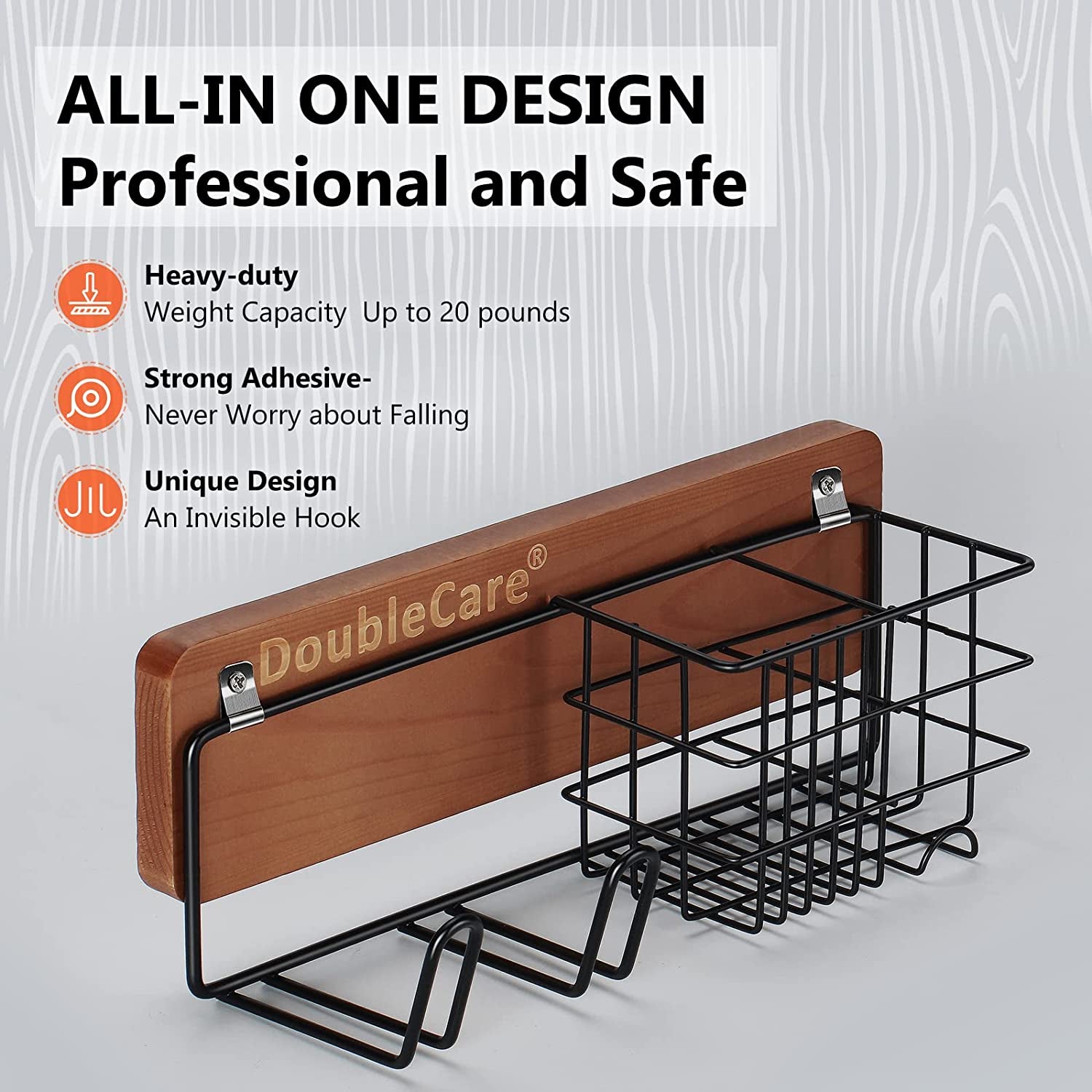 Toothbrush Holder Wall Mounted, Hair Dryer Holder for Dyson with 2 Iron Hooks,Multifunctional Bathroom Organizer for Toothpaste, Toothbrush, Razor,Towel,Wooden