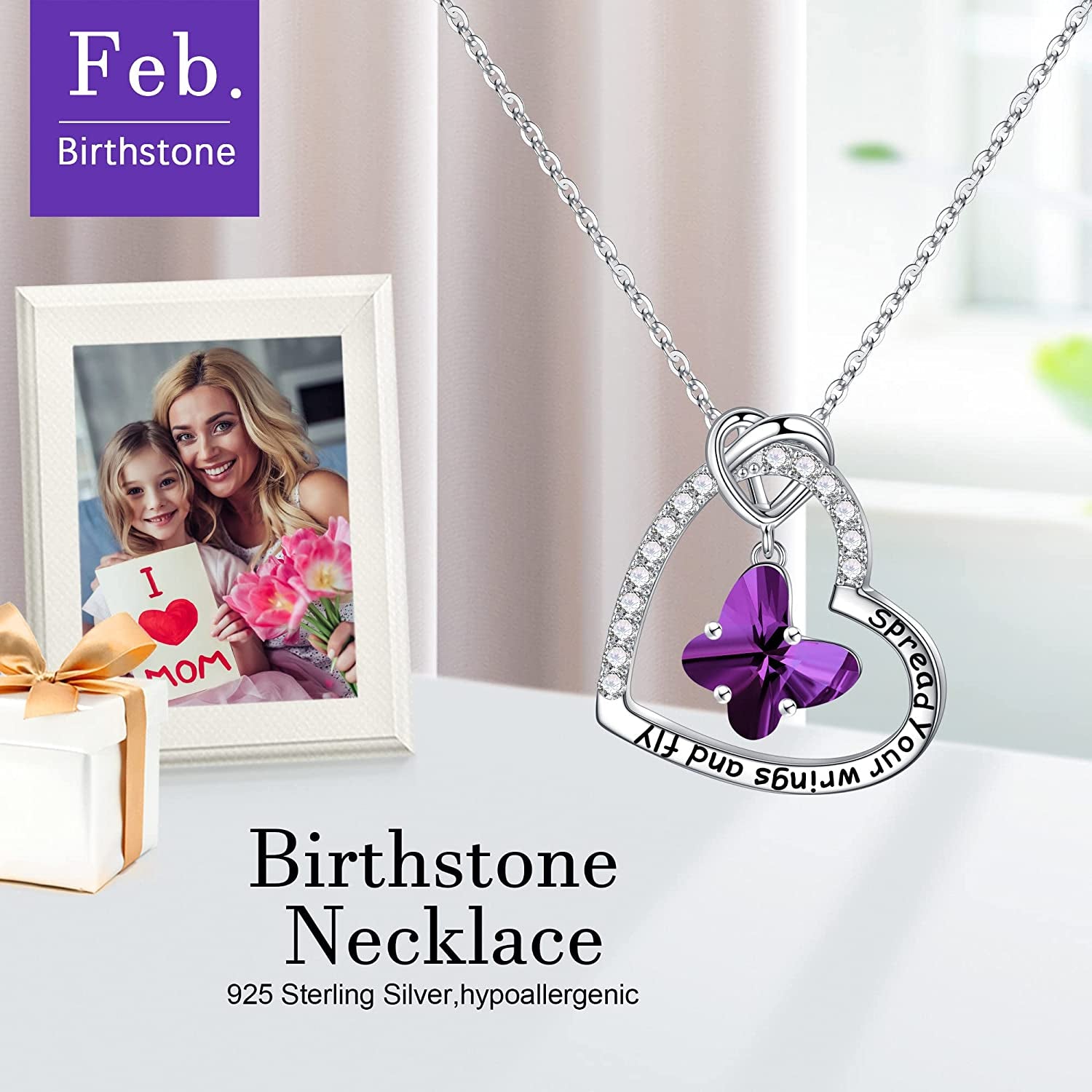 Butterfly Birthstone Crystal Necklace, 925 Sterling Silver Butterfly Jewelry Mothers Valentines Day Gifts Birthday Chirstmas Gifts for Women Teen Girls Daughter
