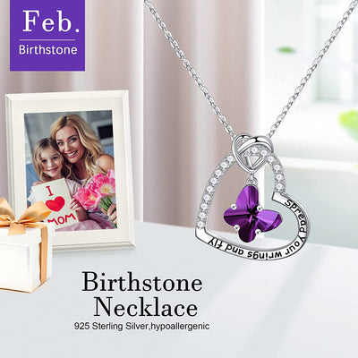 Butterfly Birthstone Crystal Necklace, 925 Sterling Silver Butterfly Jewelry Mothers Valentines Day Gifts Birthday Chirstmas Gifts for Women Teen Girls Daughter