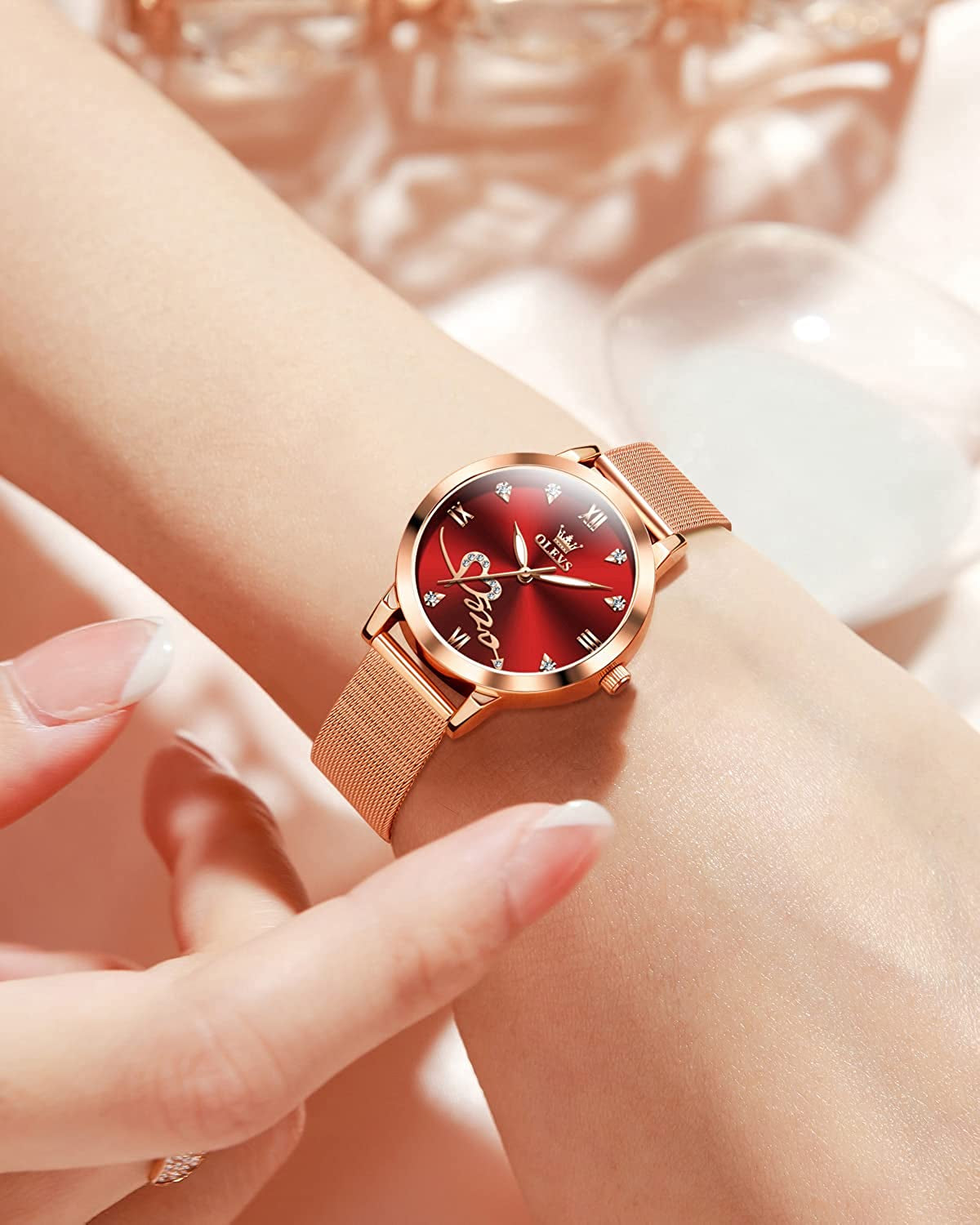 Women'S Rose Gold Watches Ultrathin Japanese Quartz Movement Girls Ladies Wristwatch Big Face Waterproof Mesh Belt Watch and Bracelet Set Valentines Day Gift