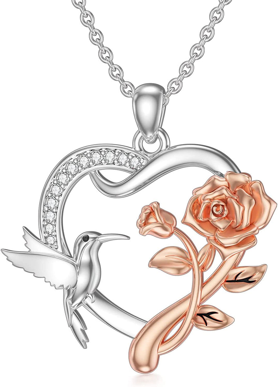 0.05 Carat Diamond Hummingbird Necklace for Women with Rose Flower Sterling Silver Heart Pendant Necklaces D Color Diamonds Hummingbirds Gifts for Christmas Birthday Mother'S Day Valentine'S Day