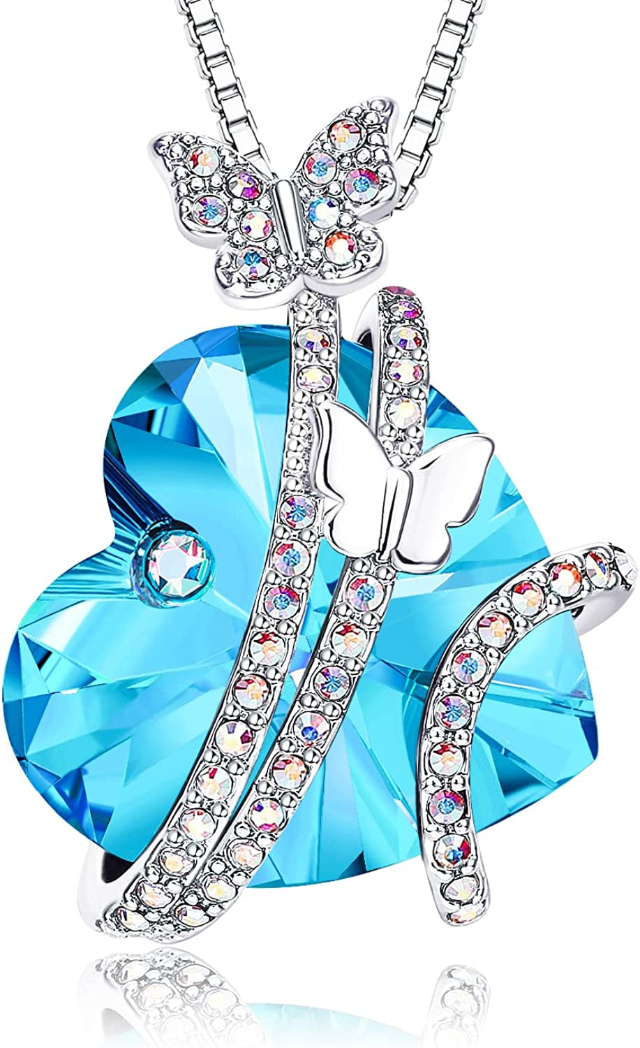 Butterfly Love Heart Pendant Necklaces with Birthstone Crystals, Valentines Day Gifts for Her, Anniversary Birthday Jewelry for Women Mom Wife Girlfriend