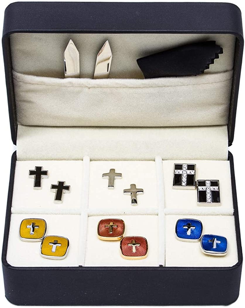 Cross Crosses Christian 6 Pairs Cufflinks with a Presentation Gift Box and Polishing Cloth