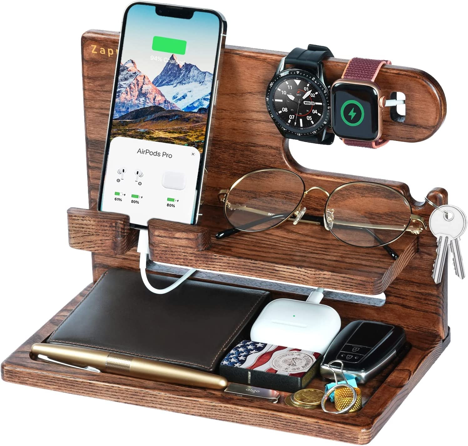 Gifts for Men, Gifts for Husband Boyfriend Him Valentines Day Anniversary from Wife Girlfriend, Ash Wood Phone Docking Station Nightstand Organizer, Dad Birthday Gifts Ideas from Daughter Son