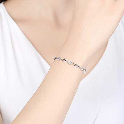 925 Sterling Silver Heart Bracelet for Women Girl, Adjustable Love Heart Bracelet with Cubic Zirconia, Jewelry Heart Anklets Chain Gift with Blue Velvet Gift Box, for Girlfriend, Wife, Grandma, Mom, Birthday, Valentine'S Day