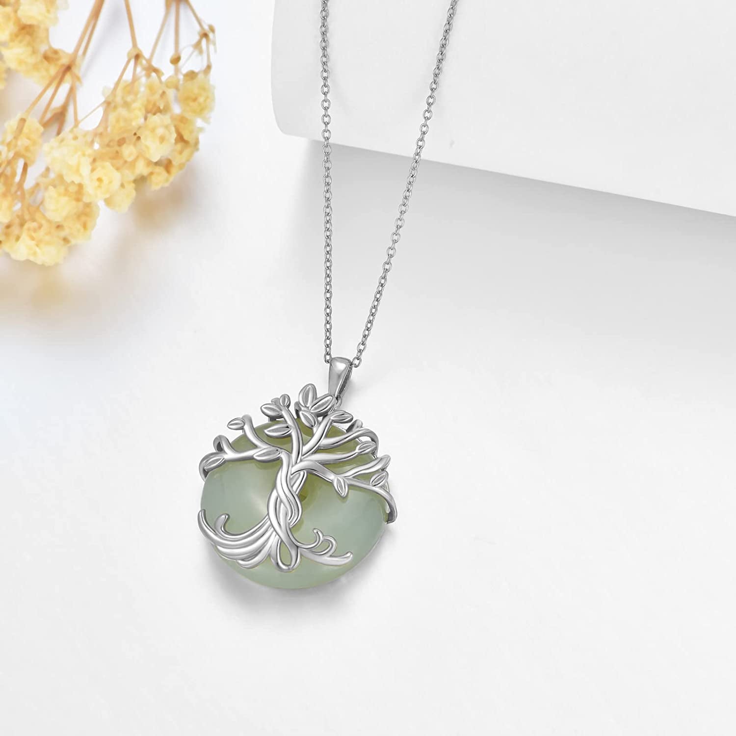Tree of Life Necklace 14K Rose Gold Silver round Jade/Black Onyx Celtic Family Tree Pendant Necklace Jewelry Gifts for Women Girls Mom Wife Daughter Her