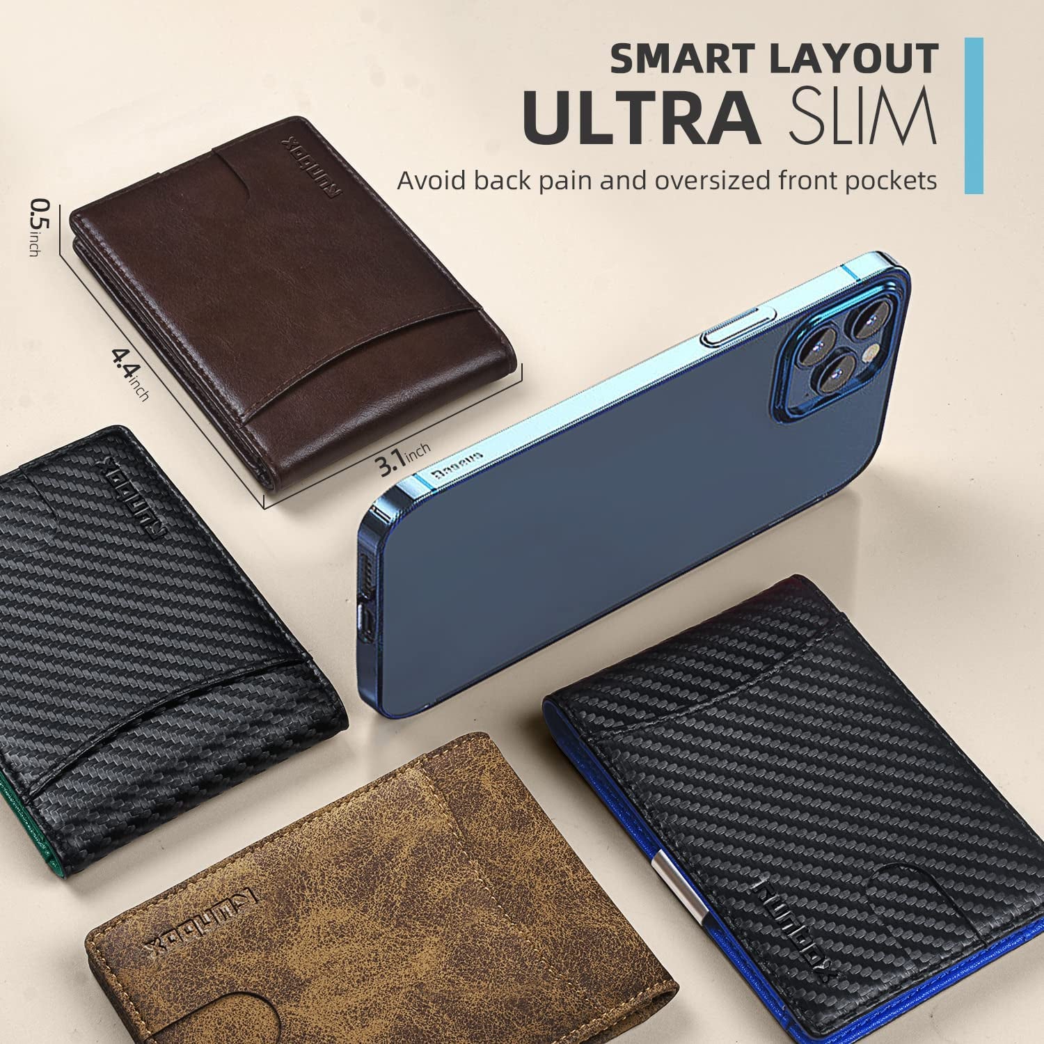 Slim Money Clip Wallet for Men Minimalist Leather Bifold RFID Blocking Large Capacity with Gift Box Carbon Black and Red