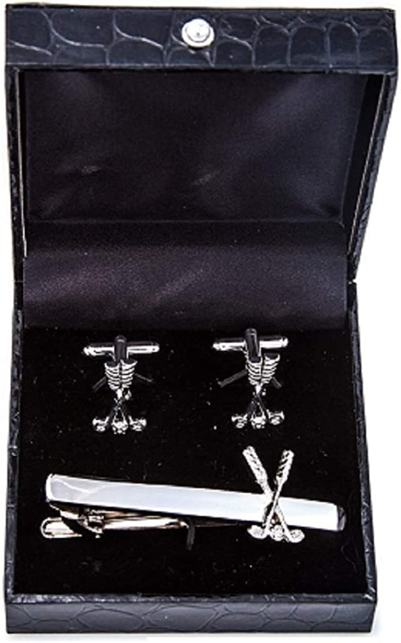 Golf Ball & Clubs Pair of Cufflinks & Tie Bar Clip in a Presentation Gift Box