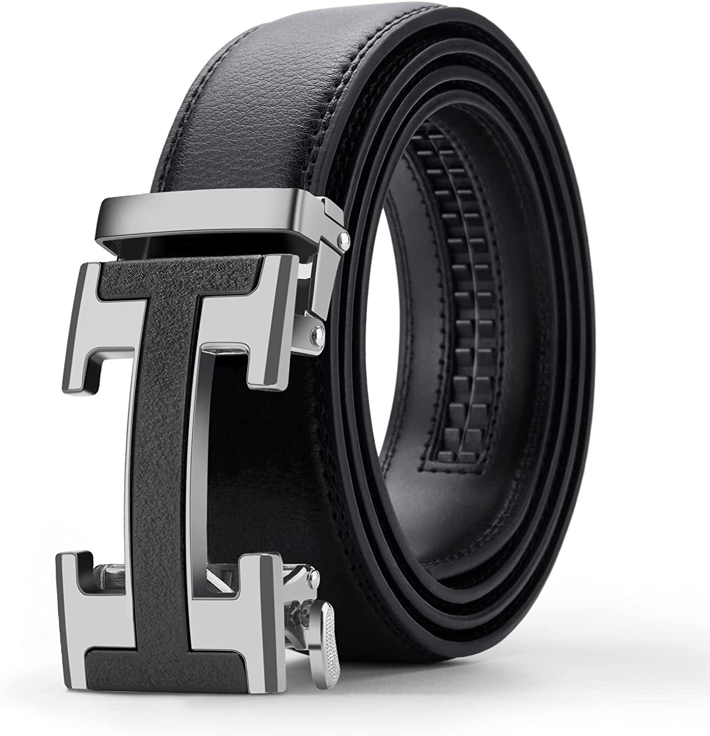 Black Belt Men,  Mens Leather Belts Slide Ratchet Belt Buckle Dress Casual Fashion Belt for Jeans Pants
