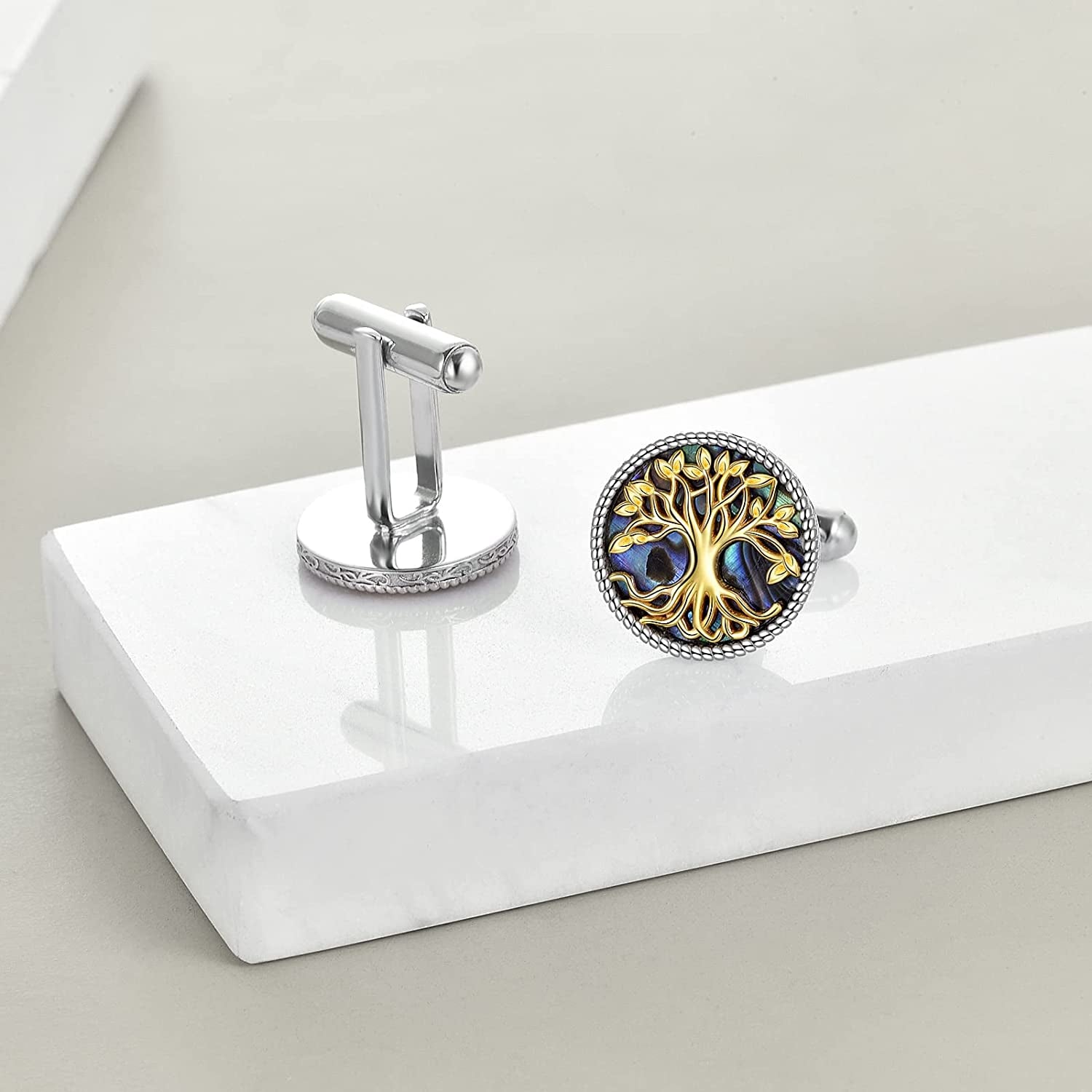 Tuxedo Cufflinks for Men Sterling Silver Tree of Life Men'S round Cuff Links with Abalone Shell Family Tree Business Wedding Groomsmen Gifts Suit Shirt Accessories for Men Father