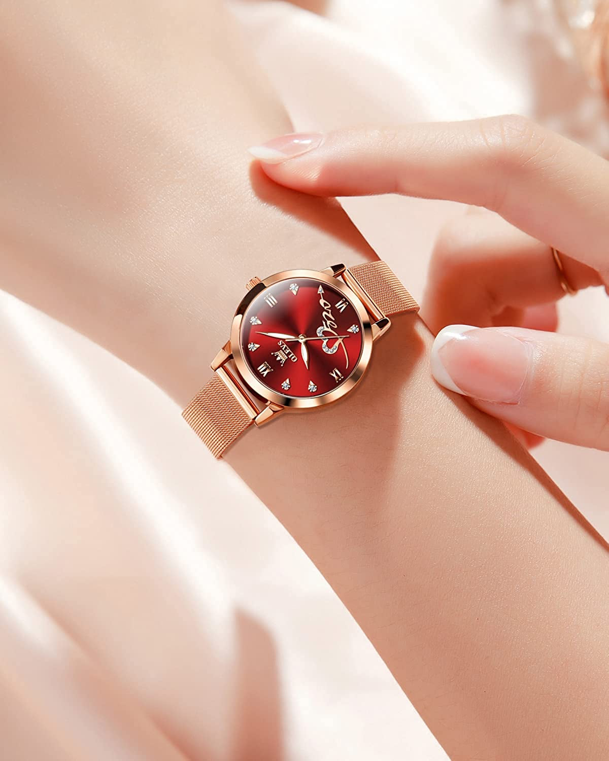 Women'S Rose Gold Watches Ultrathin Japanese Quartz Movement Girls Ladies Wristwatch Big Face Waterproof Mesh Belt Watch and Bracelet Set Valentines Day Gift