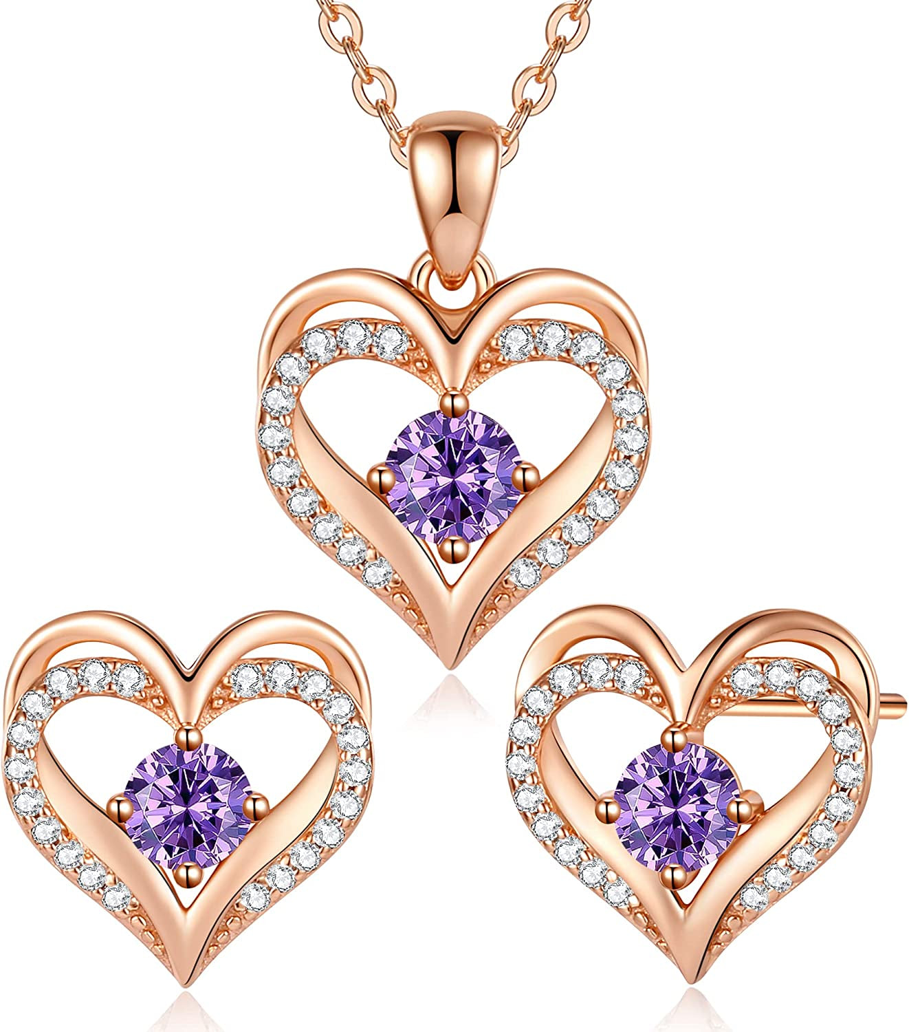 Jewelry Sets for Women Love Heart Pendant Necklaces Earrings, 925 Sterling Silver with Birthstone Zirconia, Birthday Anniversary Valentine’S Day Jewelry Gifts for Women Girls Wife Girlfriend Her