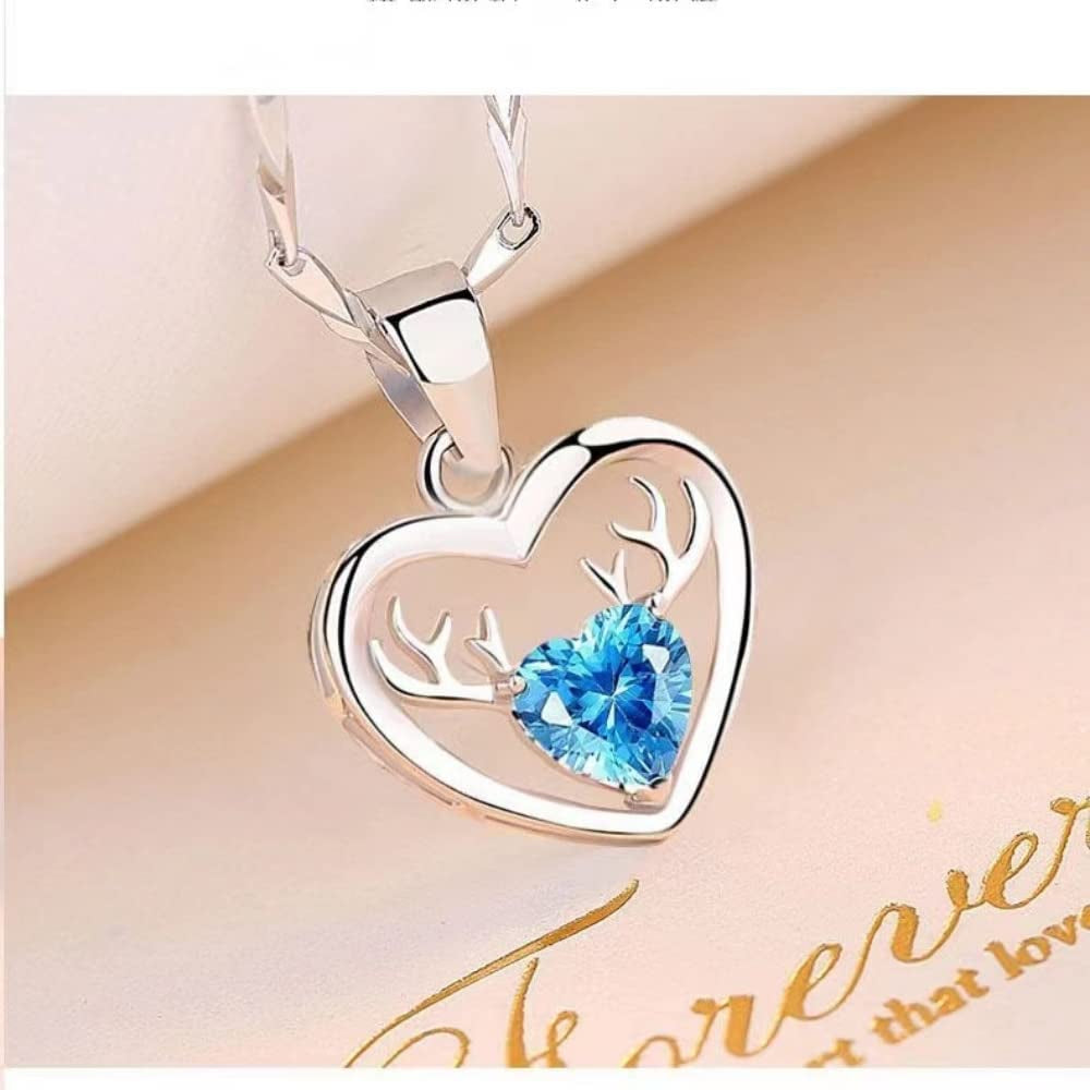 Deer Necklace. Deer Antler Pendant. Love Necklace, Blue Love Zircon. Silver Plated, Women'S Necklace, Girly, Valentine'S Day, Birthday Gift