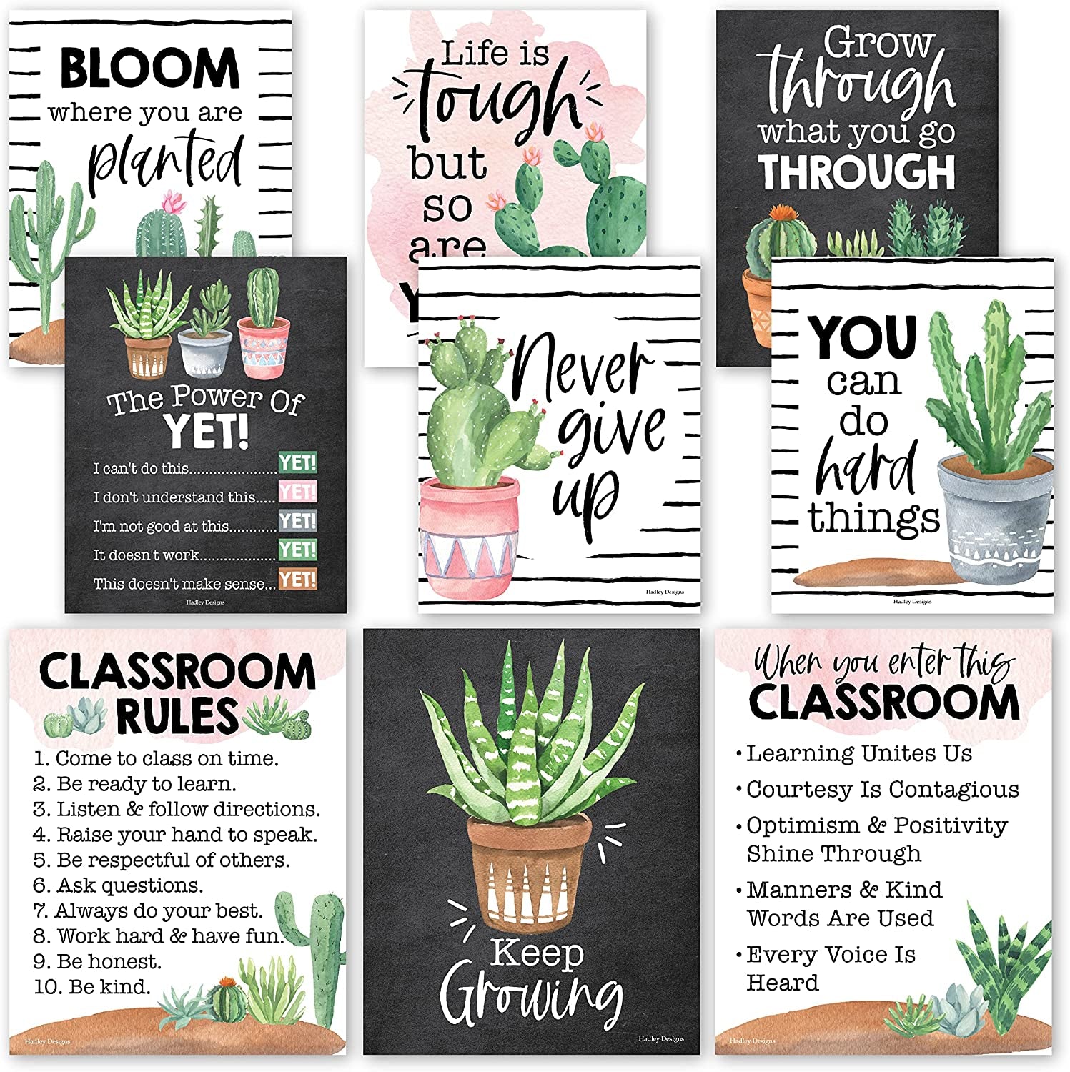 9 Cactus Classroom Decor Signs - Welcome Sign for Classroom Motivational Posters for Classroom Bulletin Board Decorations, Growth Mindset Classroom Posters Elementary, Middle School, Classroom Rules