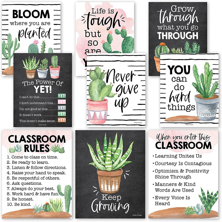9 Cactus Classroom Decor Signs - Welcome Sign for Classroom Motivational Posters for Classroom Bulletin Board Decorations, Growth Mindset Classroom Posters Elementary, Middle School, Classroom Rules