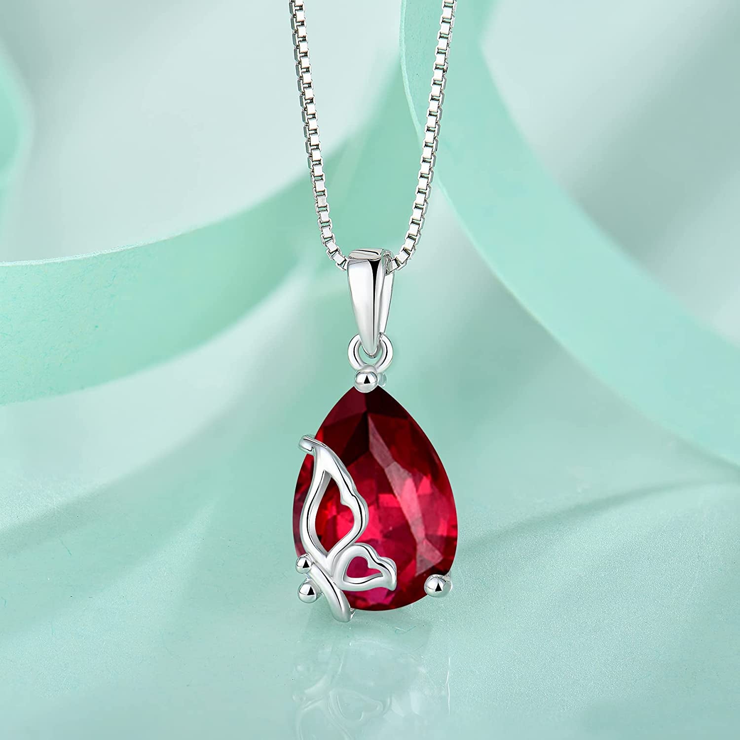 Birthstone Necklace for Women 925 Sterling Silver Butterfly Pendant Necklace with Created Gemstone Birthday Valentines Mothers Day Anniversary Christmas Jewelry Gifts for Mom Wife Girls Her