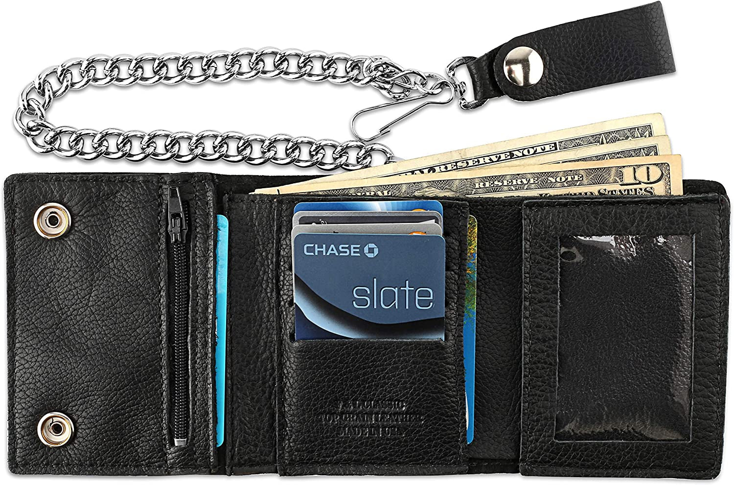 RFID Blocking Men'S Tri-Fold Vintage Biker Cowhide Top Grain Leather Steel Chain Wallet,Snap Closure, Made in Usa,Gl315,Black