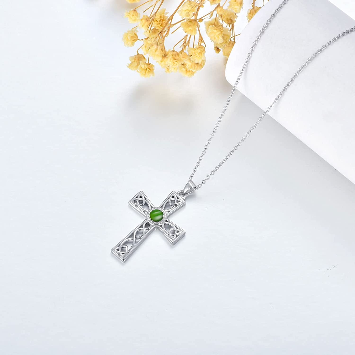 Celtic Cross Necklace for Women with Natural Turquoise/Jade/Red Agate Sterling Silver Irish Trinity Knot Cross Pendant Necklace Jewelry Gifts for Christmas Birthday Valentine’S Day