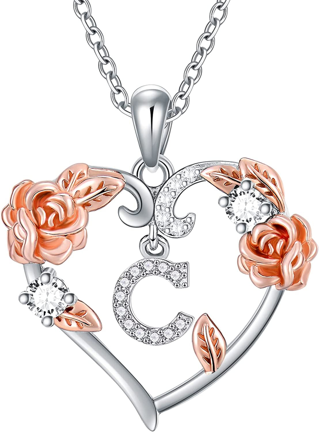 Rose Heart Necklaces Gifts for Women, 925 Sterling Silver Rose Love Heart Initial Letter Pendant Necklace Jewelry Mothers Day Valentines Christmas Birthday Gifts for Her Mom Wife Girlfriend