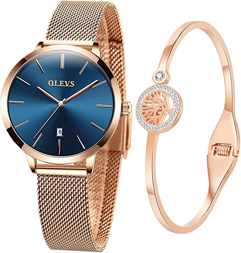 Women'S Rose Gold Watches Ultrathin Japanese Quartz Movement Girls Ladies Wristwatch Big Face Waterproof Mesh Belt Watch and Bracelet Set Valentines Day Gift
