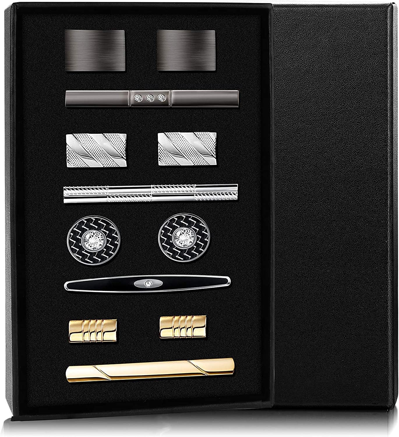 Tie Clip Cufflinks Set for Men Necktie Tie Bar Clips Business Shirts Tuxedo Wedding Gift with Box Silver-Tone Gold-Tone Black