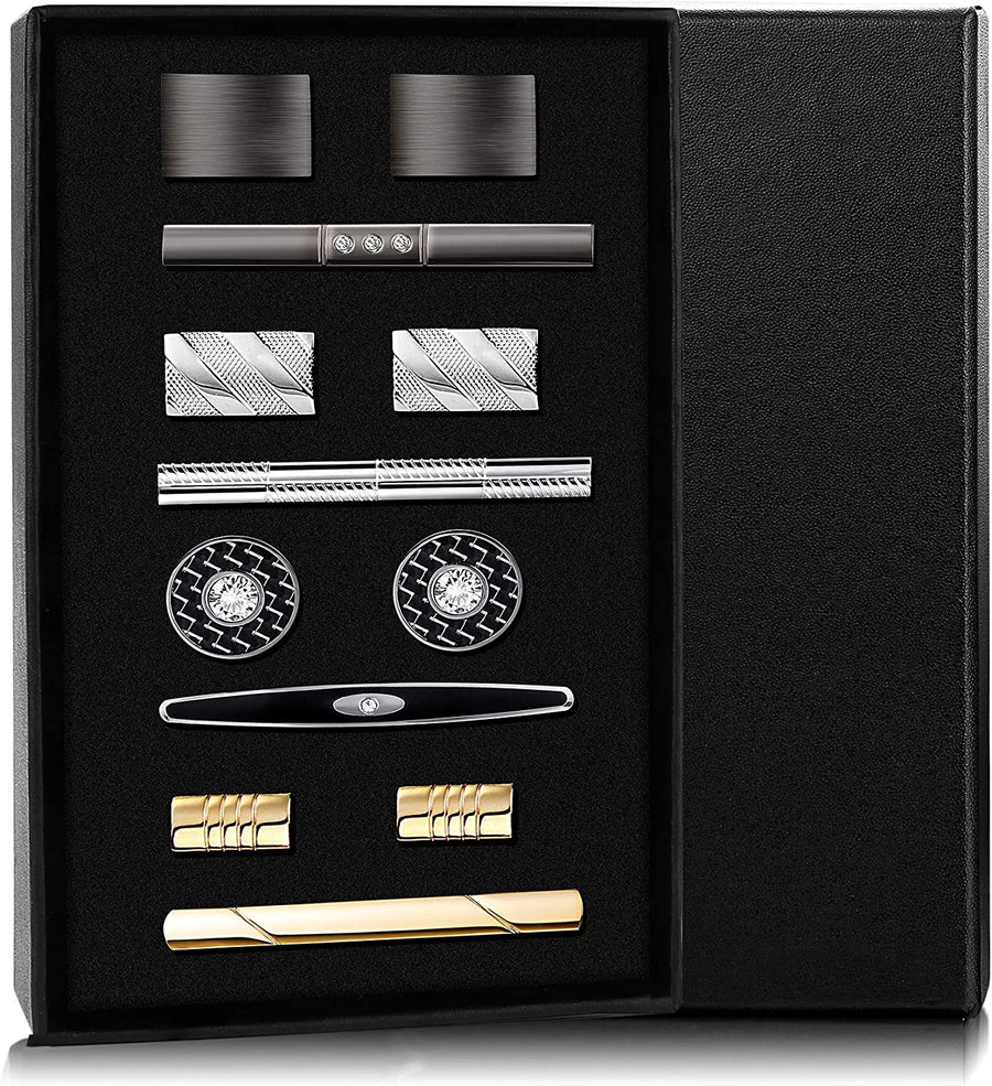 Tie Clip Cufflinks Set for Men Necktie Tie Bar Clips Business Shirts Tuxedo Wedding Gift with Box Silver-Tone Gold-Tone Black