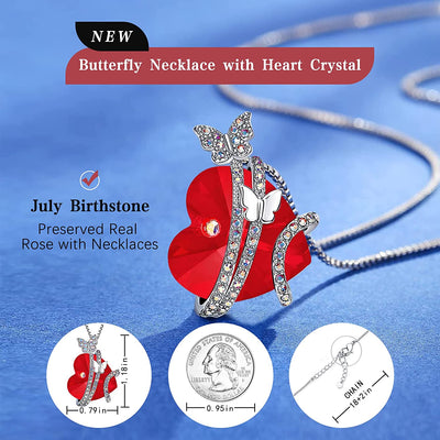 Butterfly Love Heart Pendant Necklaces with Birthstone Crystals, Valentines Day Gifts for Her, Anniversary Birthday Jewelry for Women Mom Wife Girlfriend