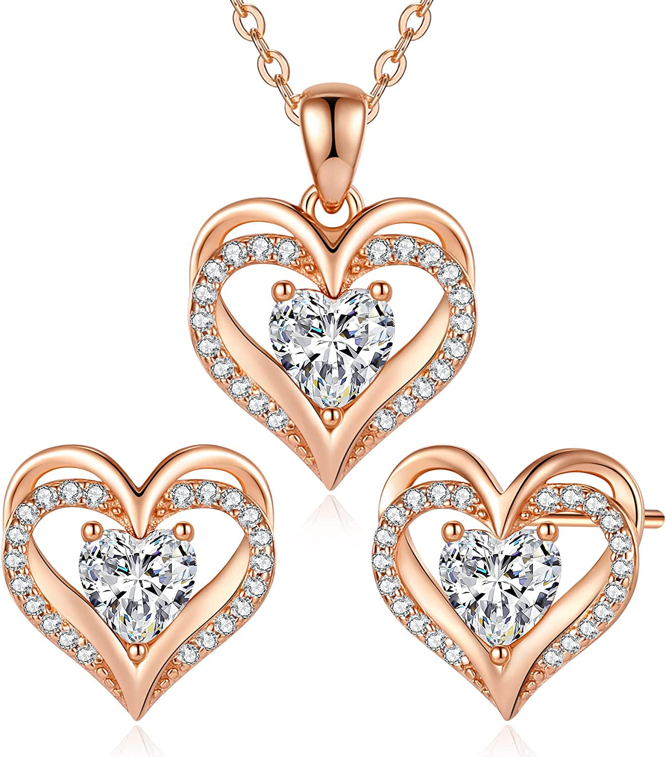 Jewelry Sets for Women Love Heart Pendant Necklaces Earrings, 925 Sterling Silver with Birthstone Zirconia, Birthday Anniversary Valentine’S Day Jewelry Gifts for Women Girls Wife Girlfriend Her