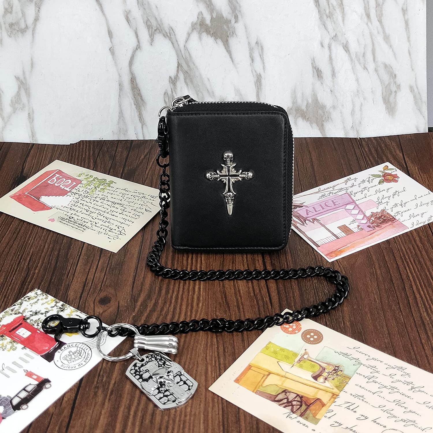 Mens Real Leather Skull Cross Biker Wallet with Chain Coins Pocket Black