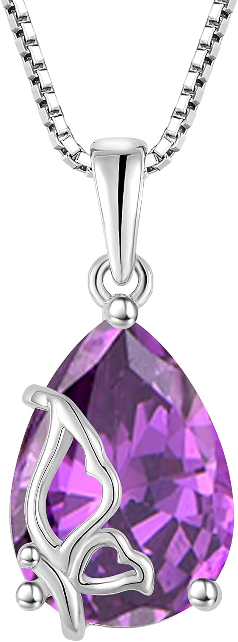 Birthstone Necklace for Women 925 Sterling Silver Butterfly Pendant Necklace with Created Gemstone Birthday Valentines Mothers Day Anniversary Christmas Jewelry Gifts for Mom Wife Girls Her