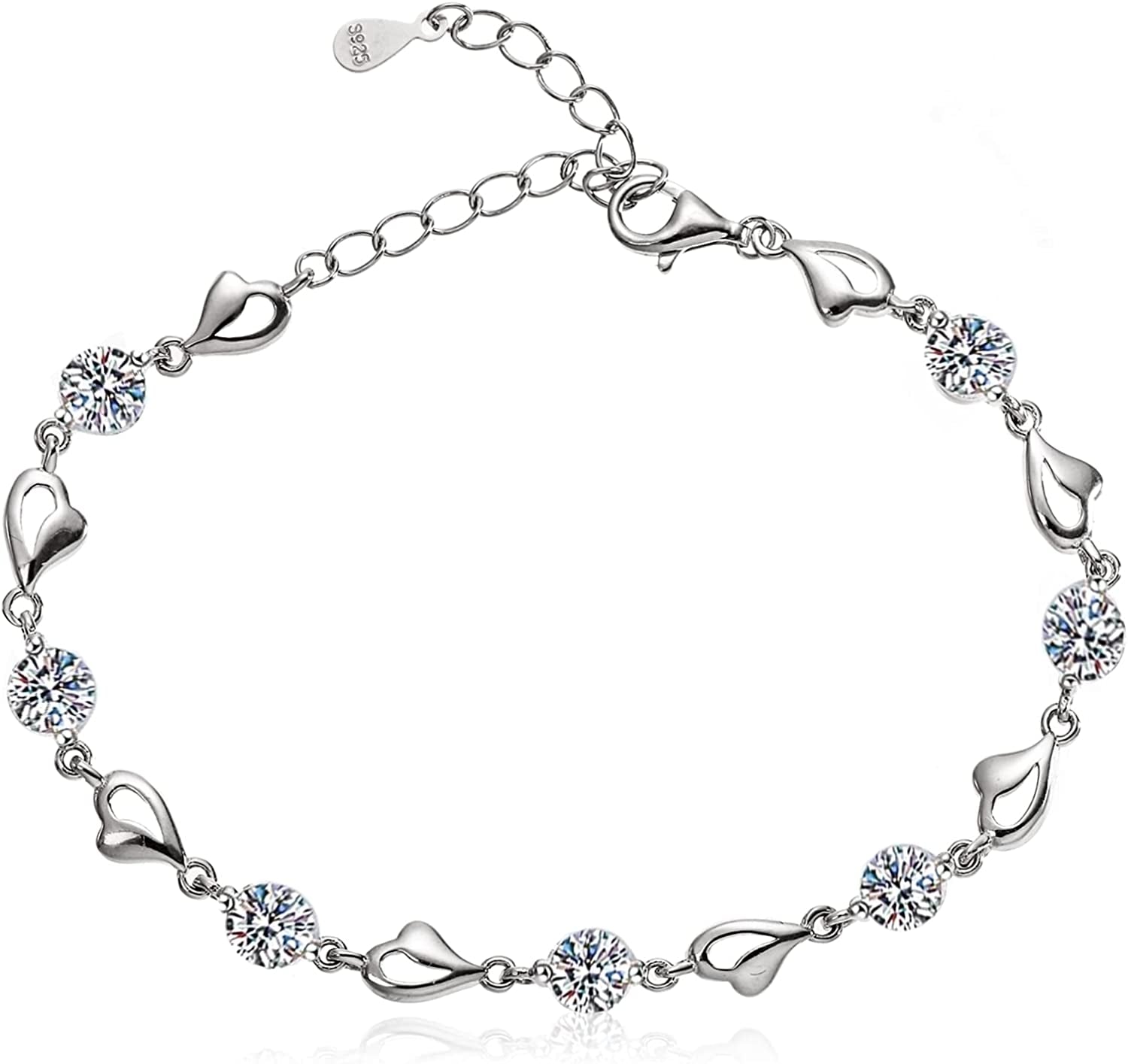 925 Sterling Silver Heart Bracelet for Women Girl, Adjustable Love Heart Bracelet with Cubic Zirconia, Jewelry Heart Anklets Chain Gift with Blue Velvet Gift Box, for Girlfriend, Wife, Grandma, Mom, Birthday, Valentine'S Day