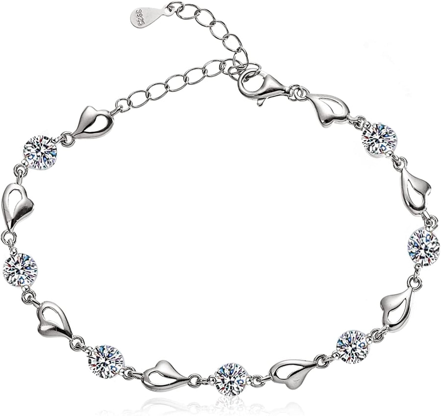 925 Sterling Silver Heart Bracelet for Women Girl, Adjustable Love Heart Bracelet with Cubic Zirconia, Jewelry Heart Anklets Chain Gift with Blue Velvet Gift Box, for Girlfriend, Wife, Grandma, Mom, Birthday, Valentine'S Day