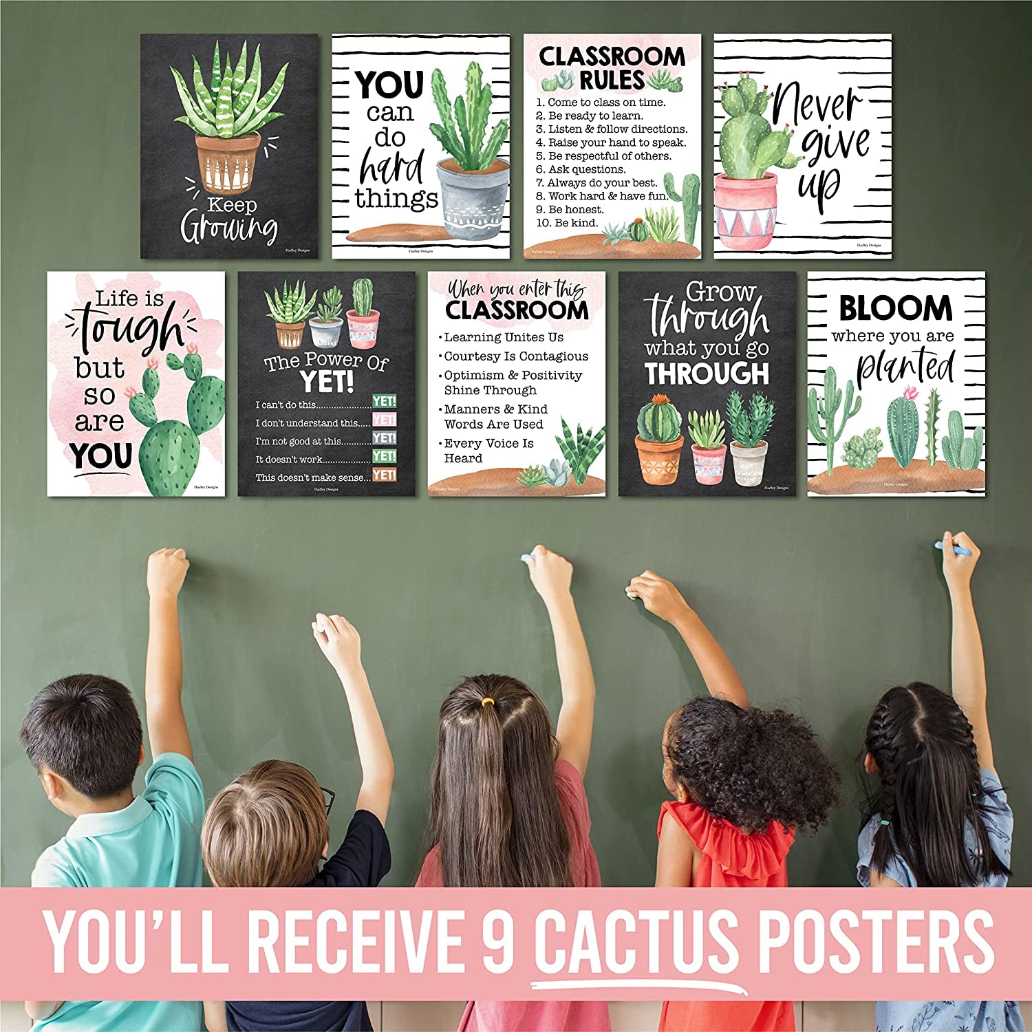 9 Cactus Classroom Decor Signs - Welcome Sign for Classroom Motivational Posters for Classroom Bulletin Board Decorations, Growth Mindset Classroom Posters Elementary, Middle School, Classroom Rules