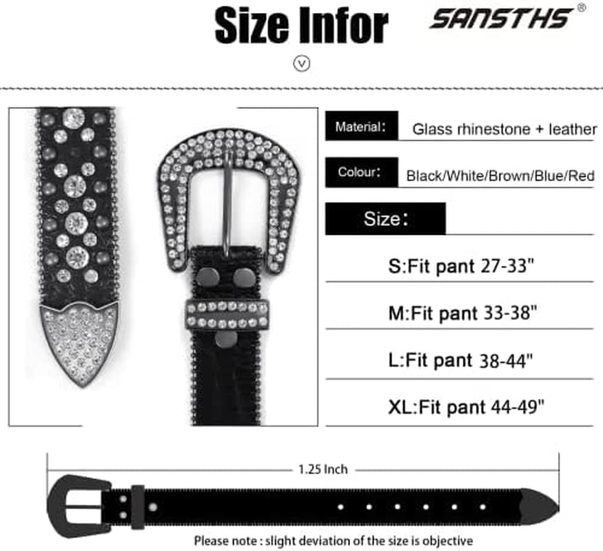 Women Rhinestone Belt for Jeans, Men Western Cowgirl Bling Studded Belt Faux Crocodile Grain Leather