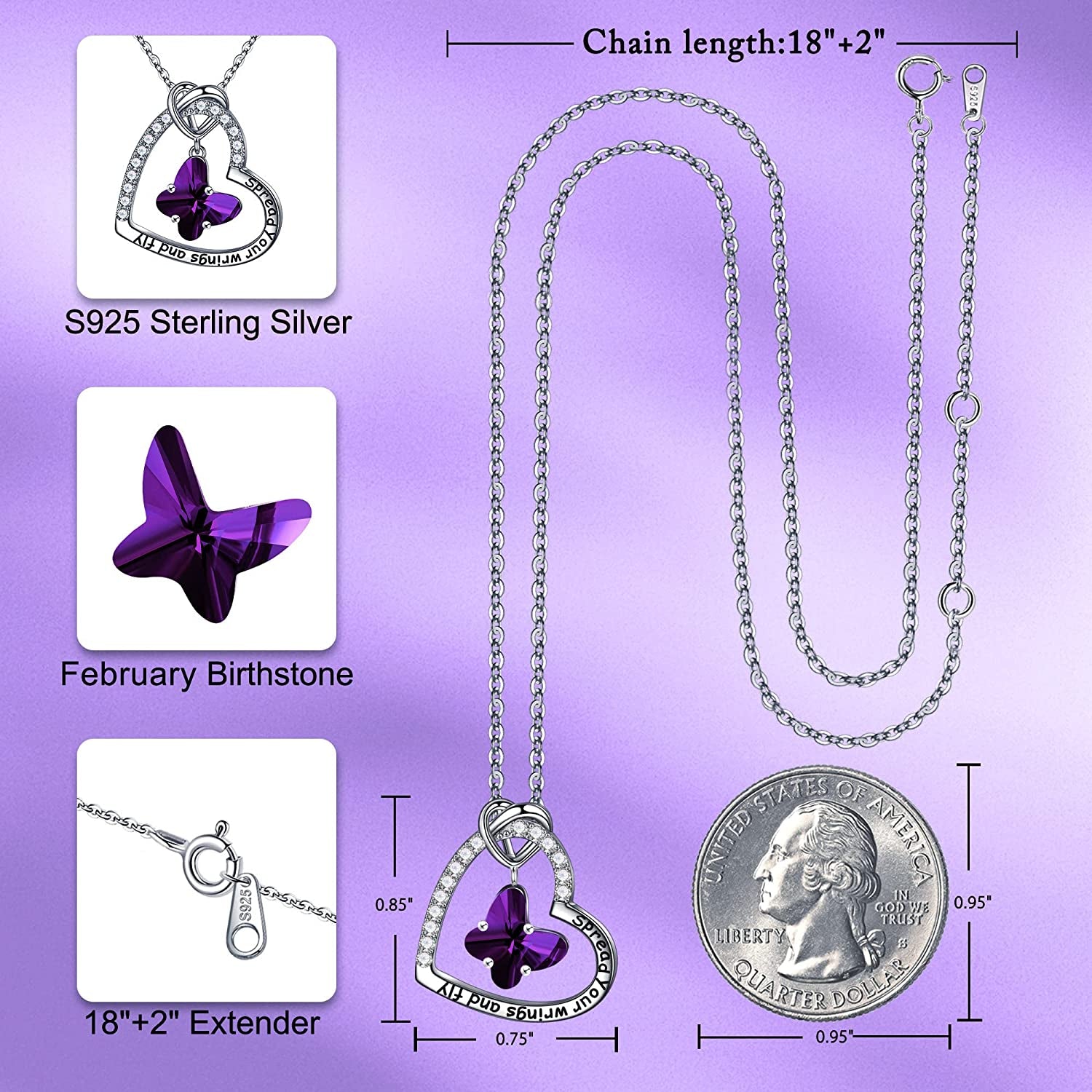Butterfly Birthstone Crystal Necklace, 925 Sterling Silver Butterfly Jewelry Mothers Valentines Day Gifts Birthday Chirstmas Gifts for Women Teen Girls Daughter