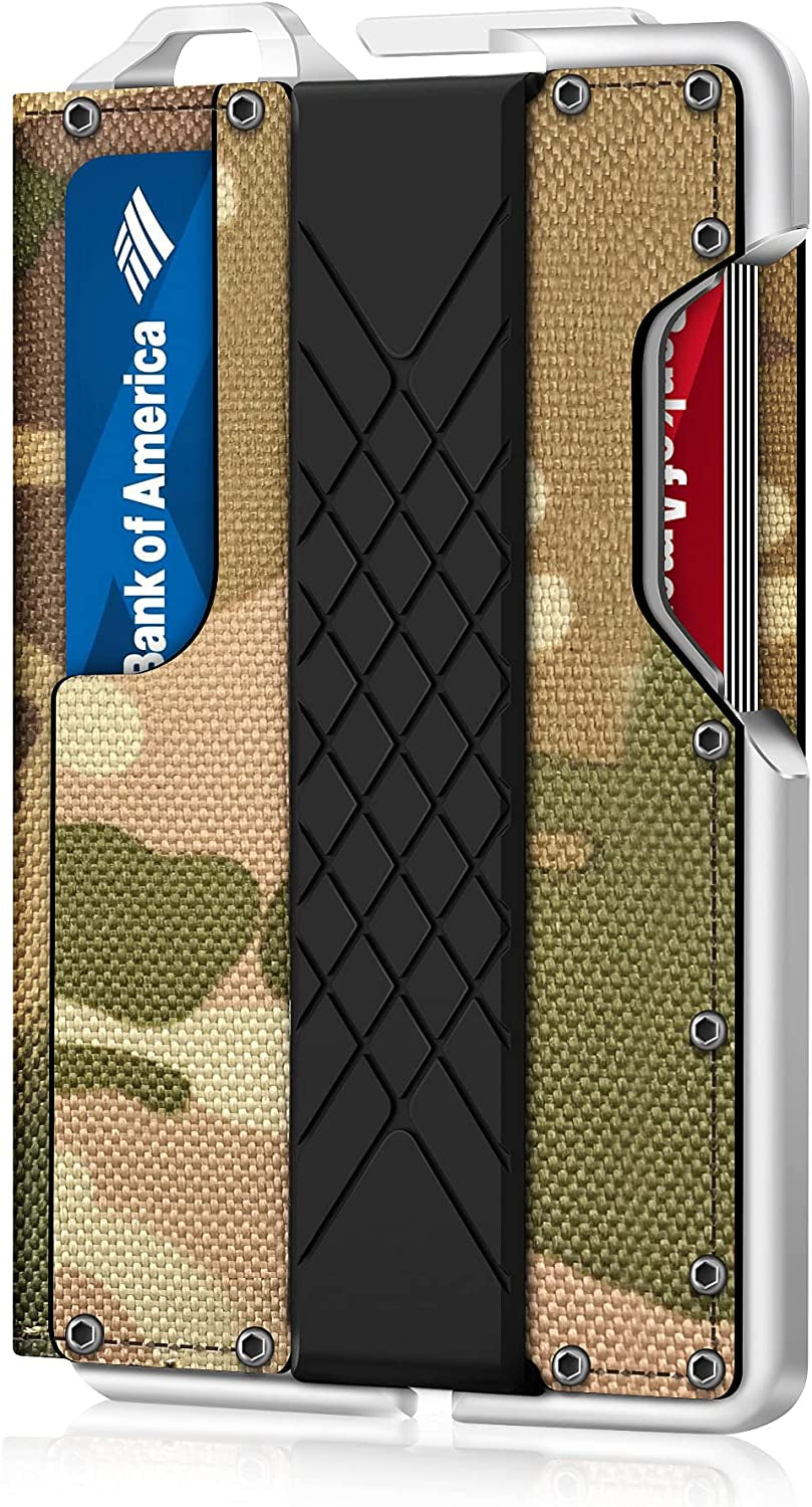 Tactical Minimalist Wallet for Men, Slim Rfid-Blocking Metal Card Holder, Front Pocket Men’S Nylon Leather Dapper Bifold Wallet with Money Clip Camouflage